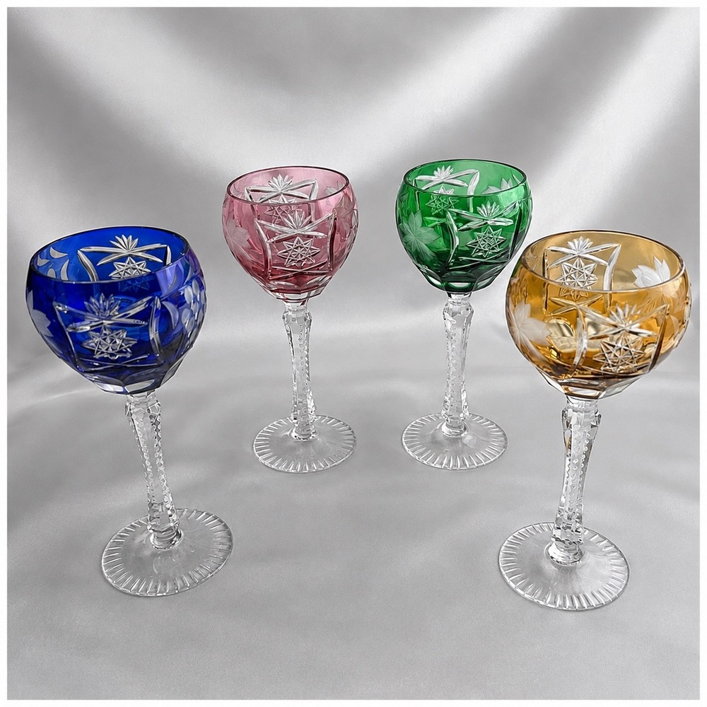 Bohemian Cut to Clear 4 colors Crystal Wine Hocks Glasses 8.25in